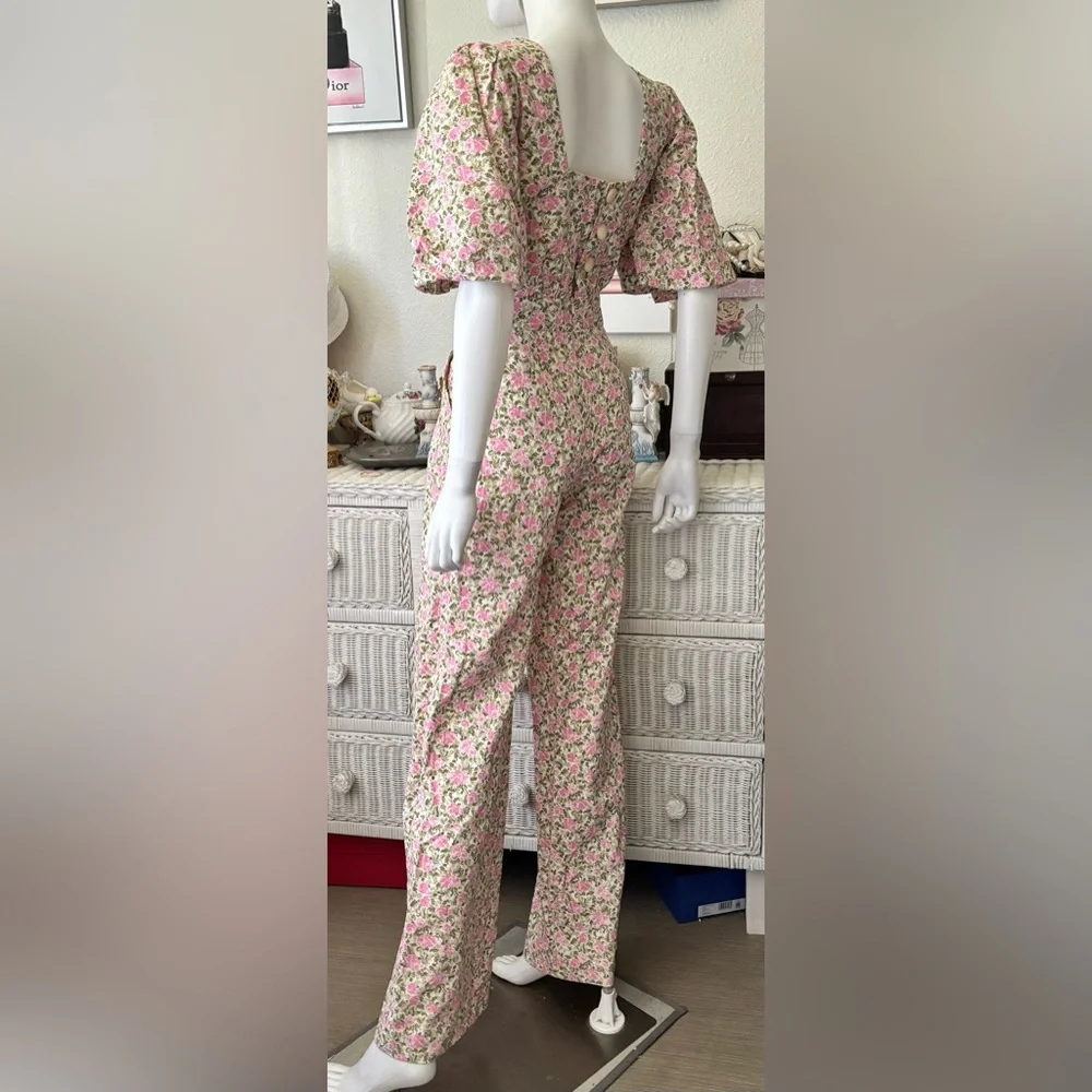 Sézane Claude Jumpsuit Wide Legs Balloon Sleeves Linen/Cotton Pink Green Size 2